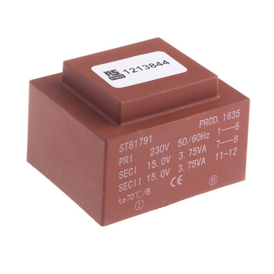 RS PRO 2 x 15V ac 2 Output PCB Mount PCB Transformer, 7.5VA