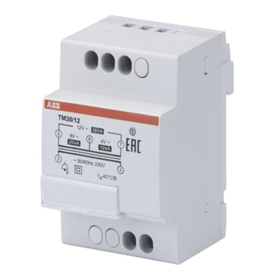 ABB 30W DIN Rail Mount Transformer, EN 61558, 230V Primary, 4 V ac, 8 V ac, 12 V ac Secondary
