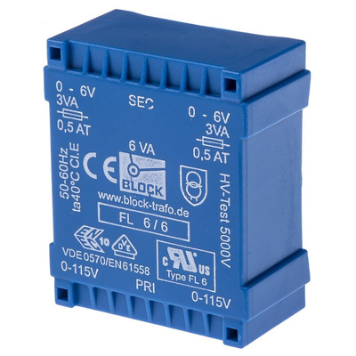 Block 6V ac 2 Output Through Hole PCB Transformer, 6VA