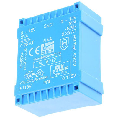 Block 12V ac 2 Output Through Hole PCB Transformer, 6VA