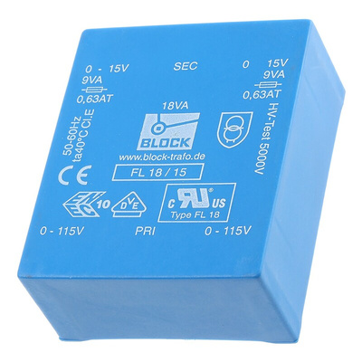 Block 15V ac 2 Output Through Hole PCB Transformer, 18VA