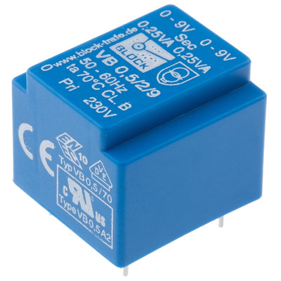 Block 9V ac 2 Output Through Hole PCB Transformer, 0.5VA