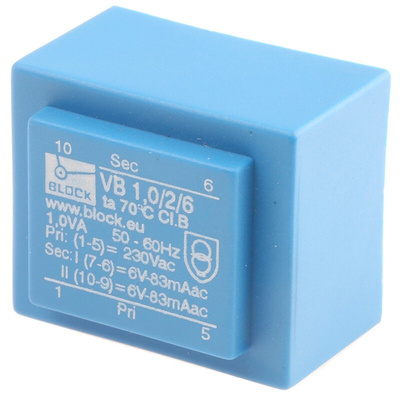 Block 6V ac 2 Output Through Hole PCB Transformer, 1VA