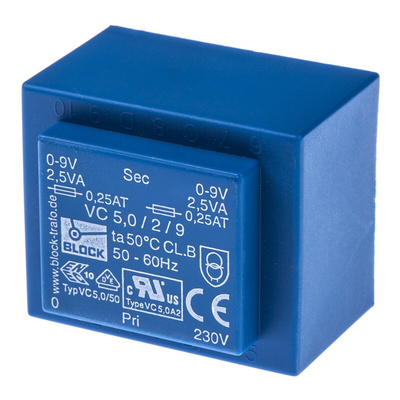 Block 9V ac 2 Output Through Hole PCB Transformer, 5VA