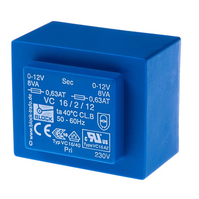 Block 12V ac 2 Output Through Hole PCB Transformer, 16VA