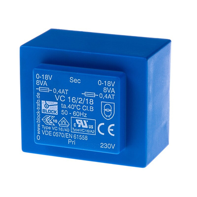 Block 18V ac 2 Output Through Hole PCB Transformer, 16VA