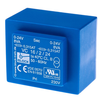 Block 24V ac 2 Output Through Hole PCB Transformer, 16VA