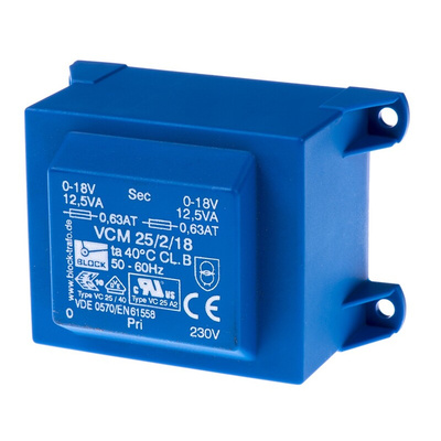 Block 18V ac 2 Output Through Hole PCB Transformer, 25VA