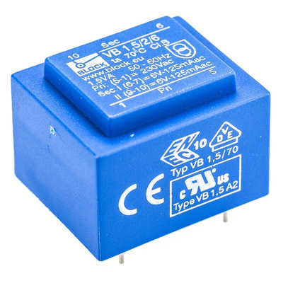 Block 6V ac 2 Output Through Hole PCB Transformer, 1.5VA