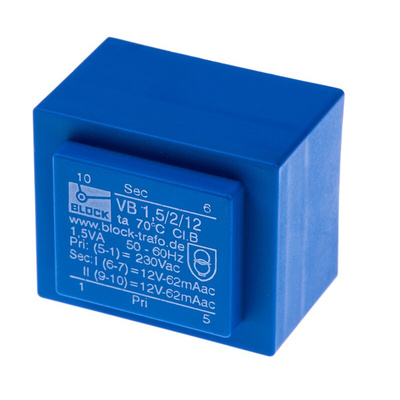 Block 12V ac 2 Output Through Hole PCB Transformer, 1.5VA