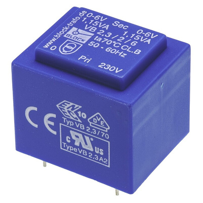 Block 6V ac 2 Output Through Hole PCB Transformer, 2.3VA