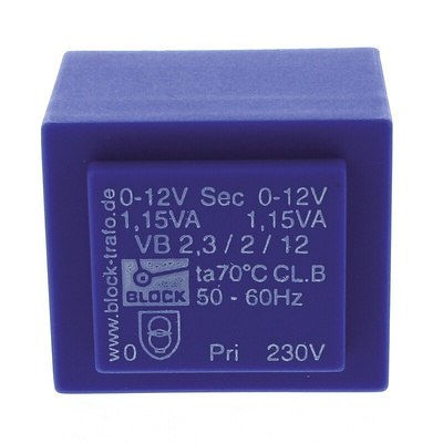 Block 12V ac 2 Output Through Hole PCB Transformer, 2.3VA