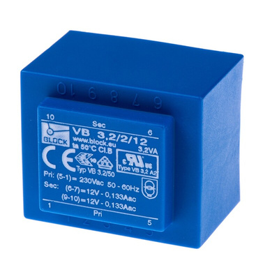 Block 12V ac 2 Output Through Hole PCB Transformer, 3.2VA