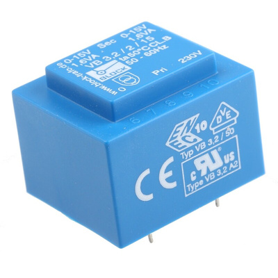 Block 15V ac 2 Output Through Hole PCB Transformer, 3.2VA