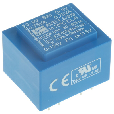 Block 9V ac 2 Output Through Hole PCB Transformer, 1.5VA