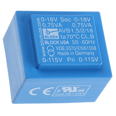 Block 18V ac 2 Output Through Hole PCB Transformer, 1.5VA