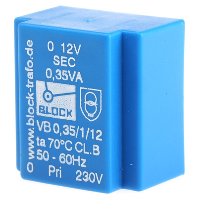 Block 12V ac 1 Output Through Hole PCB Transformer, 0.35VA