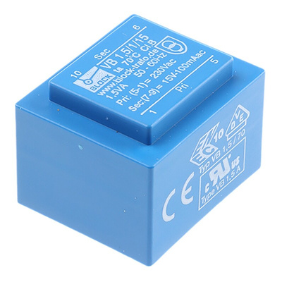 Block 15V ac 1 Output Through Hole PCB Transformer, 1.5VA