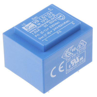 Block 24V ac 1 Output Through Hole PCB Transformer, 1.5VA