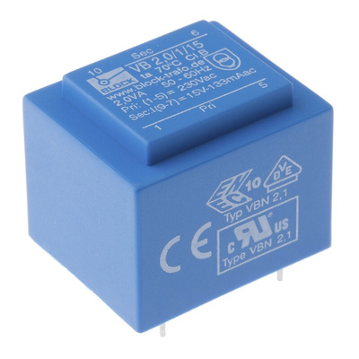 Block 15V ac 1 Output Through Hole PCB Transformer, 2VA