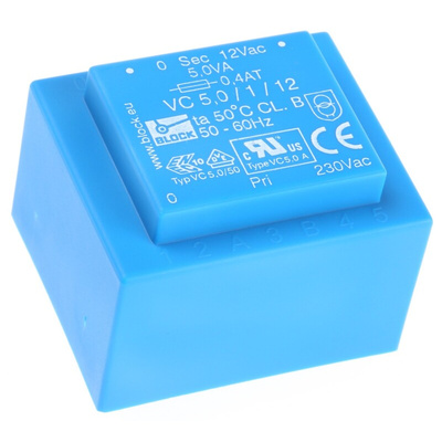 Block 12V ac 1 Output Through Hole PCB Transformer, 5VA