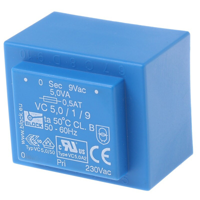 Block 9V ac 1 Output Through Hole PCB Transformer, 5VA