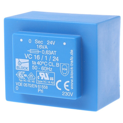 Block 24V ac 1 Output Through Hole PCB Transformer, 16VA