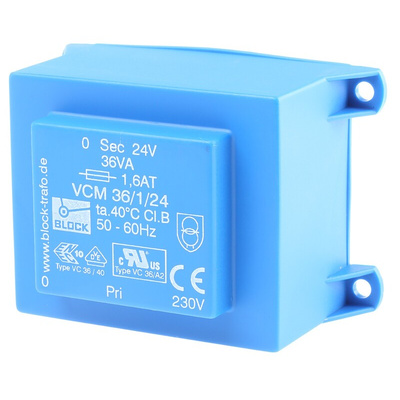 Block 24V ac 1 Output Through Hole PCB Transformer, 36VA
