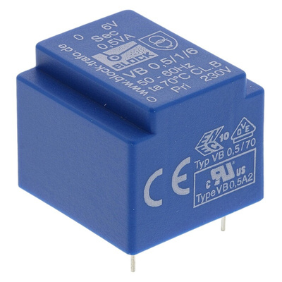 Block 6V ac 1 Output Through Hole PCB Transformer, 0.5VA