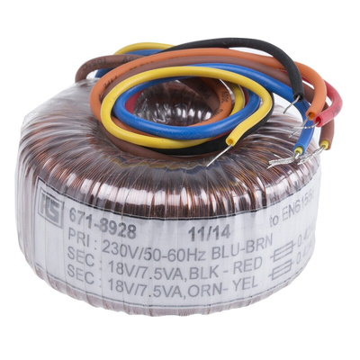 RS PRO 230V ac, 2 x 18V ac Toroidal Transformer, 15VA 2 Output