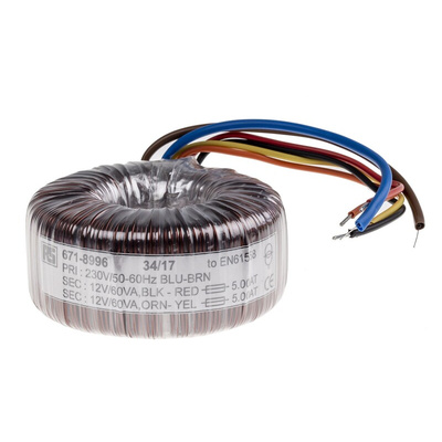 RS PRO 230V ac, 2 x 12V ac Toroidal Transformer, 120VA 2 Output