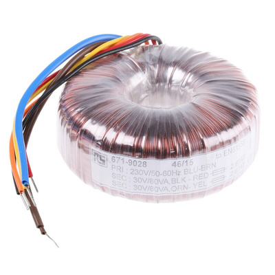 RS PRO 230V ac, 2 x 30V ac Toroidal Transformer, 160VA 2 Output