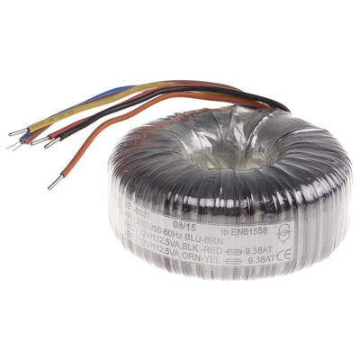 RS PRO 230V ac, 2 x 12V ac Toroidal Transformer, 225VA 2 Output