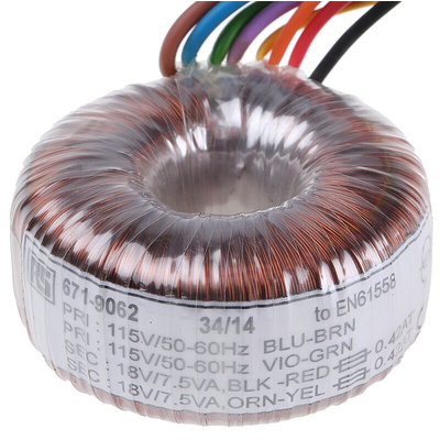 RS PRO 115 V ac, 230 V ac, 2 x 18V ac Toroidal Transformer, 15VA 2 Output
