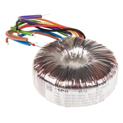 RS PRO 115 V ac, 230 V ac, 2 x 25V ac Toroidal Transformer, 160VA 2 Output
