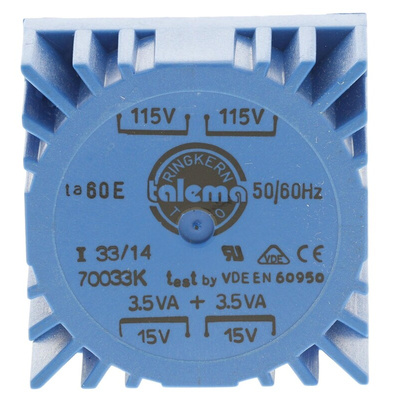 Nuvotem Talema 115 V ac, 230 V ac, 2 x 15V ac Toroidal Transformer, 7VA 2 Output