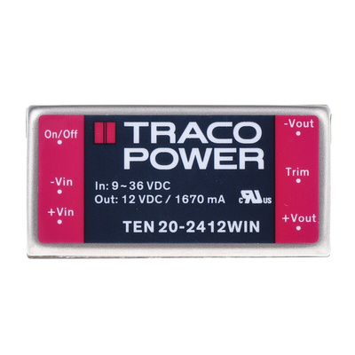 TRACOPOWER TEN 20WIN DC-DC Converter, 12V dc/ 1.67A Output, 9 → 36 V dc Input, 20W, Through Hole, +85°C Max Temp