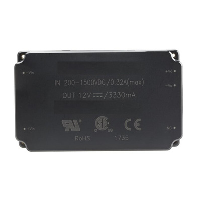 RS PRO DC-DC Converter, 12V dc/ 3.33A Output, 200 → 1500 V dc Input, 40W, PCB Mount, +70°C Max Temp -40°C Min