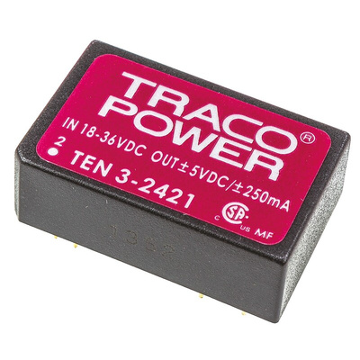 TRACOPOWER TEN 3 DC-DC Converter, ±5V dc/ ±250mA Output, 18 → 36 V dc Input, 3W, Through Hole, +85°C Max Temp