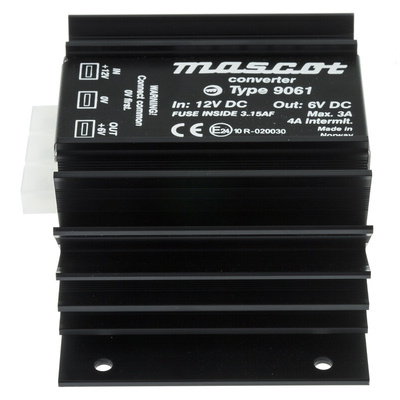Mascot DC-DC Converter, 6V dc/ 3A Output, 12 V dc Input, 40W, Mounting Bracket, +25°C Max Temp -20°C Min Temp
