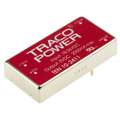TRACOPOWER TEN 10 DC-DC Converter, 5V dc/ 2A Output, 18 → 36 V dc Input, 10W, Through Hole, +85°C Max Temp -40°C