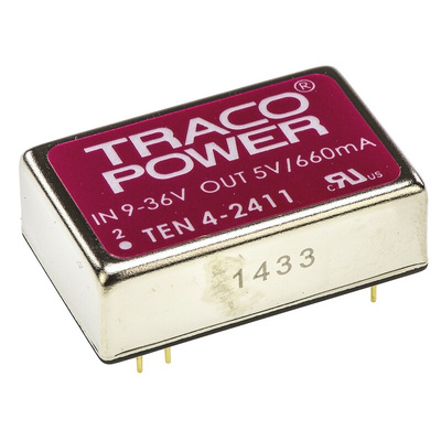 TRACOPOWER TEN 4 DC-DC Converter, 5V dc/ 660mA Output, 9 → 36 V dc Input, 3.3W, Through Hole, +75°C Max Temp