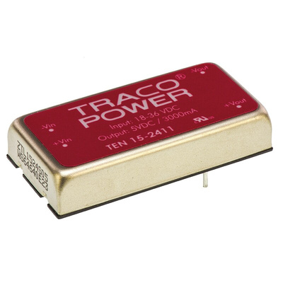 TRACOPOWER TEN 15 DC-DC Converter, 5V dc/ 3A Output, 18 → 36 V dc Input, 15W, Through Hole, +85°C Max Temp -40°C