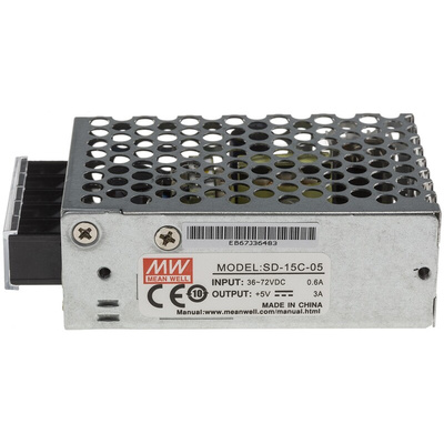 MEAN WELL DC-DC Converter, 5V dc/ 3A Output, 36 → 72 V dc Input, 15W, Chassis Mount, +60°C Max Temp -10°C Min