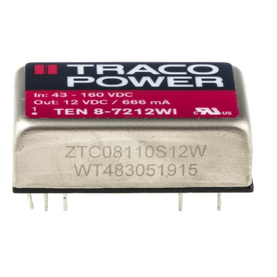 TRACOPOWER TEN 8WI DC-DC Converter, 12V dc/ 666mA Output, 43 → 160 V dc Input, 8W, Through Hole, +85°C Max Temp