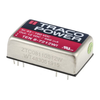 TRACOPOWER TEN 8WI DC-DC Converter, 12V dc/ 666mA Output, 43 → 160 V dc Input, 8W, Through Hole, +85°C Max Temp