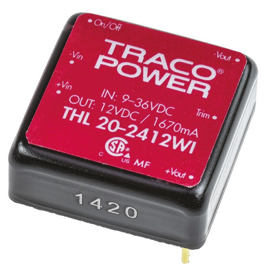 TRACOPOWER THL 20WI DC-DC Converter, 12V dc/ 1.67A Output, 9 → 36 V dc Input, 20W, Through Hole, +85°C Max Temp
