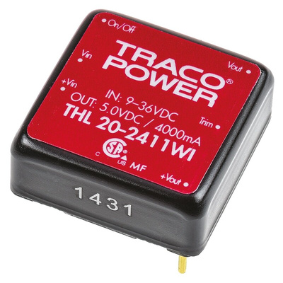 TRACOPOWER THL 20WI DC-DC Converter, 5V dc/ 4A Output, 9 → 36 V dc Input, 20W, Through Hole, +85°C Max Temp