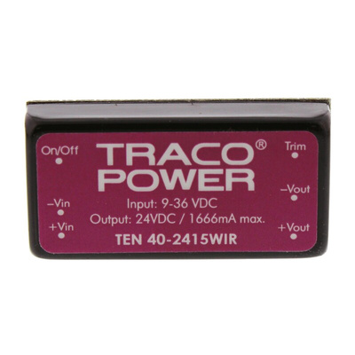 TRACOPOWER TEN 40WIR DC-DC Converter, 24V dc/ 1.67A Output, 9 → 36 V dc Input, 40W, Through Hole, +85°C Max Temp