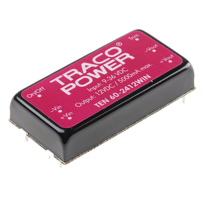 TRACOPOWER TEN 60WIN DC-DC Converter, 12V dc/ 5A Output, 9 → 36 V dc Input, 60W, Through Hole, +85°C Max Temp